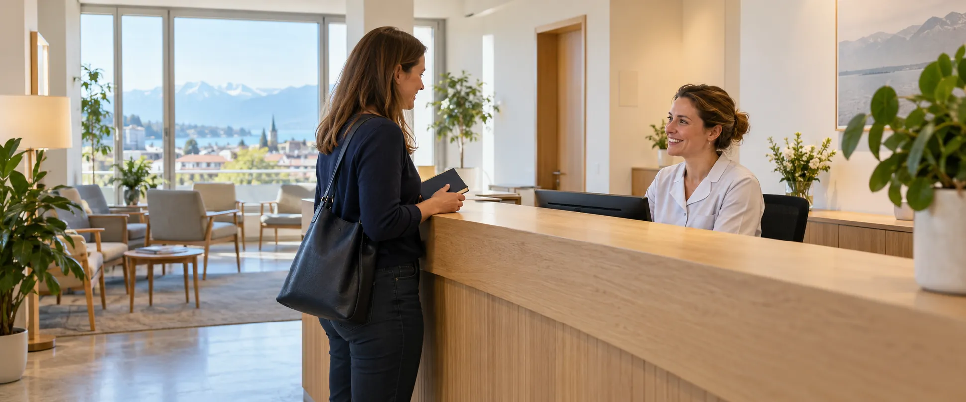 Una visitante conversa con una recepcionista en una consulta ficticia de ambiente luminoso