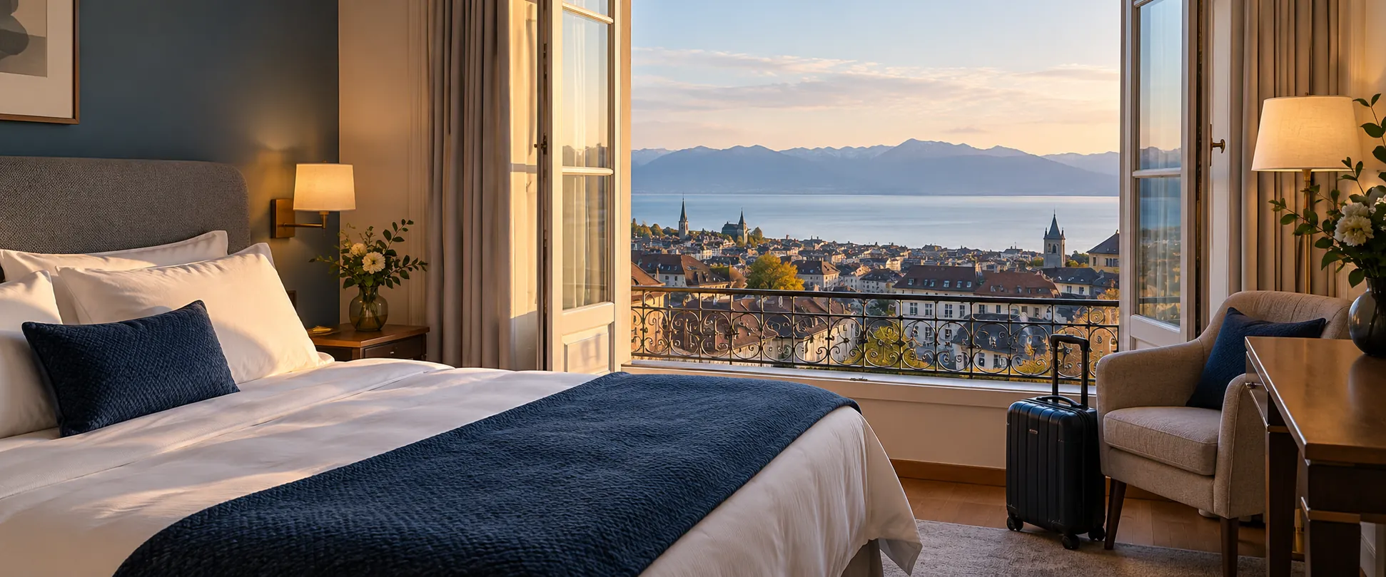 Habitación de alojamiento turístico con cama preparada, equipaje y ventana hacia un paisaje urbano junto al lago