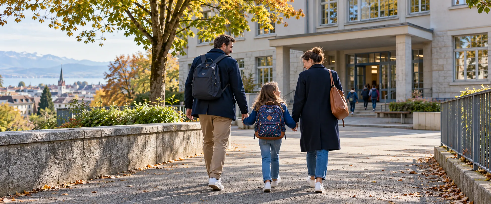 Familia acompañando a una niña con mochila hacia un edificio escolar en un entorno urbano de la Suiza romanda