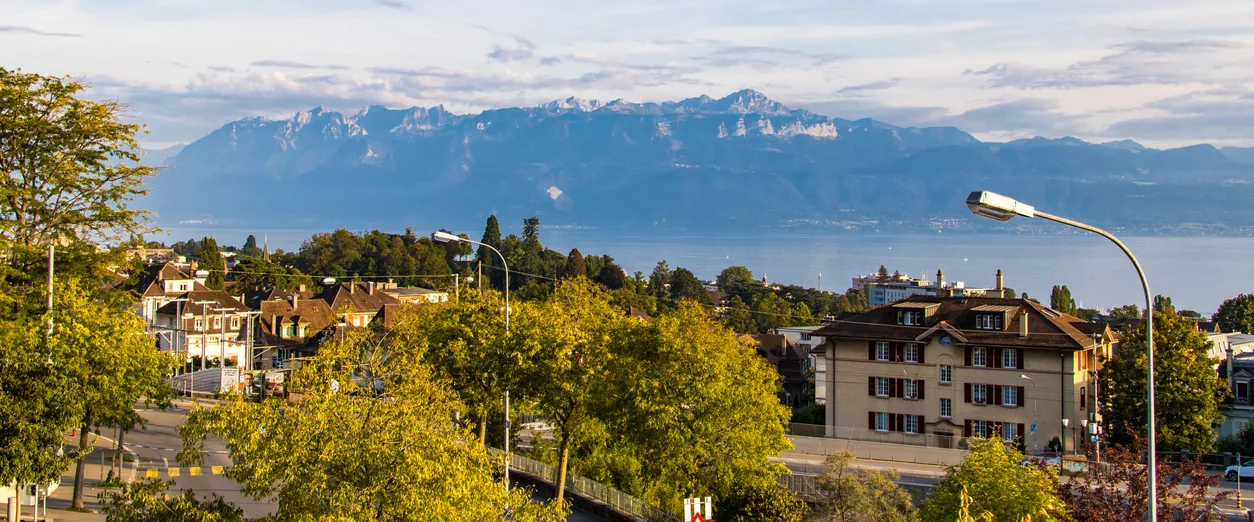 Edificios residenciales y árboles con un lago y montañas al fondo