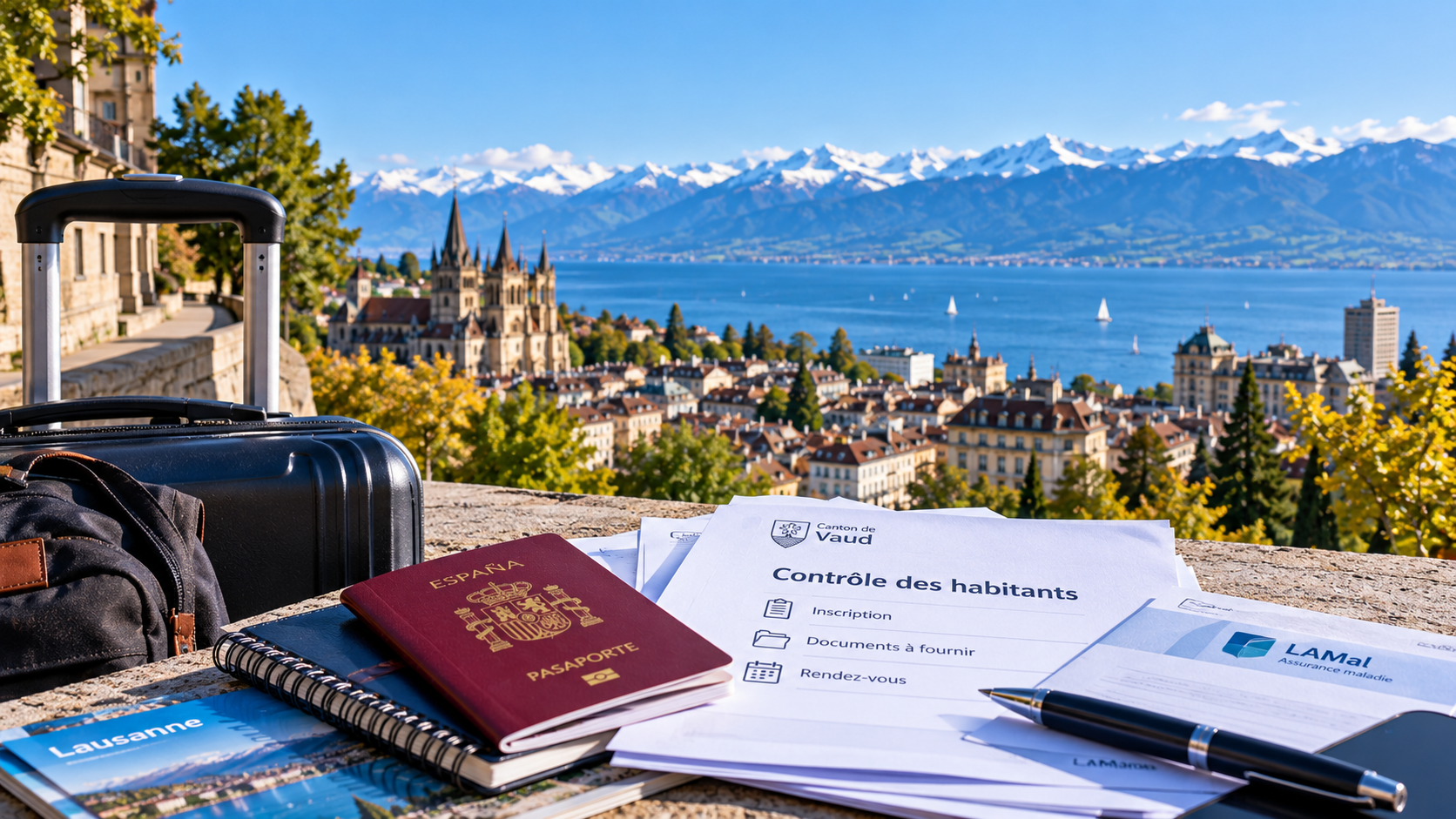 Maleta, pasaporte español y documentos de instalación en Suiza con vistas a Lausanne y el lago Lemán