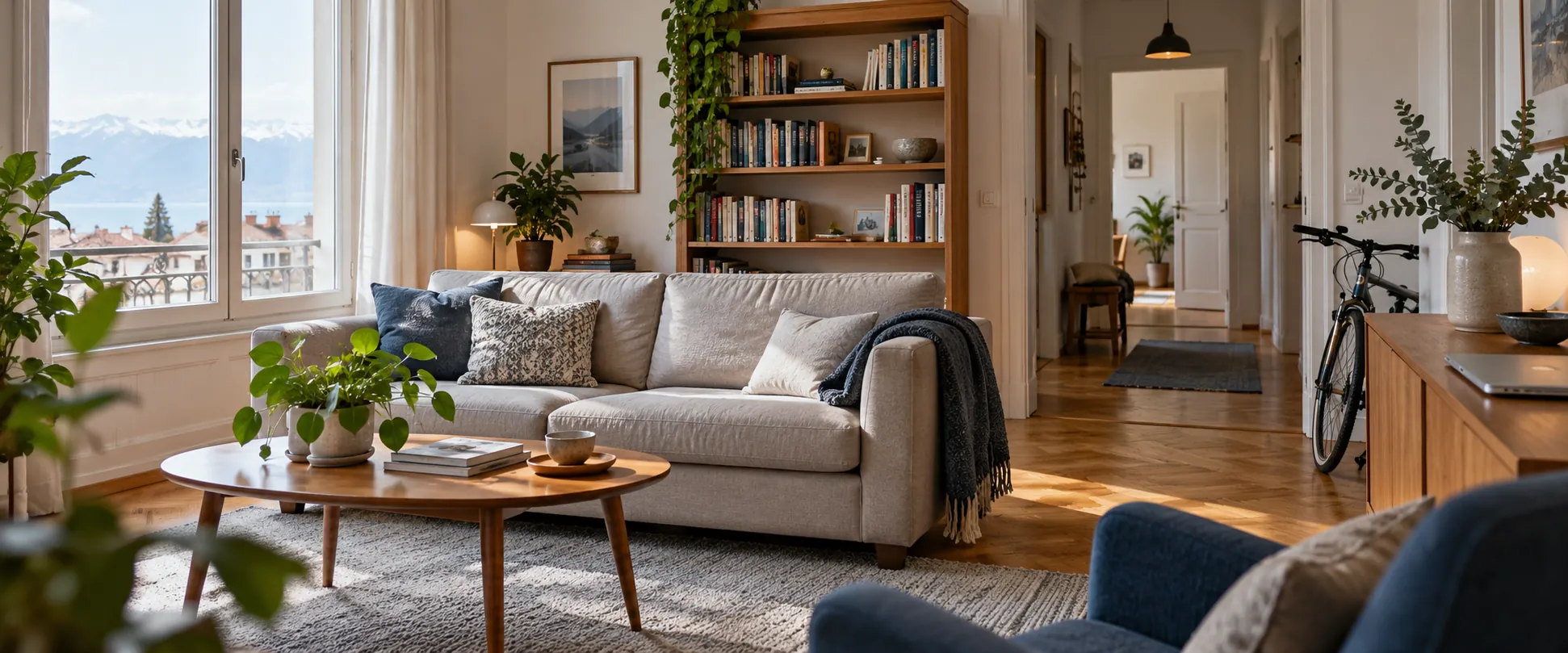 Salón de una vivienda con sofá, libros y objetos cotidianos que forman parte del mobiliario del hogar