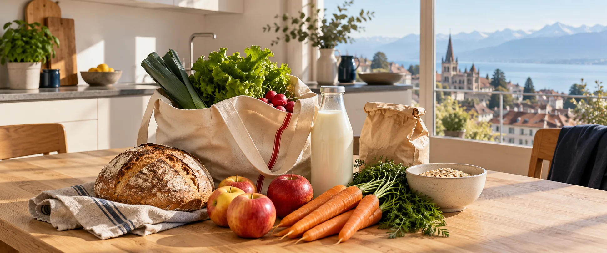 Bolsa reutilizable con alimentos, pan, fruta y verduras sobre una mesa con vistas ilustrativas de Lausanne