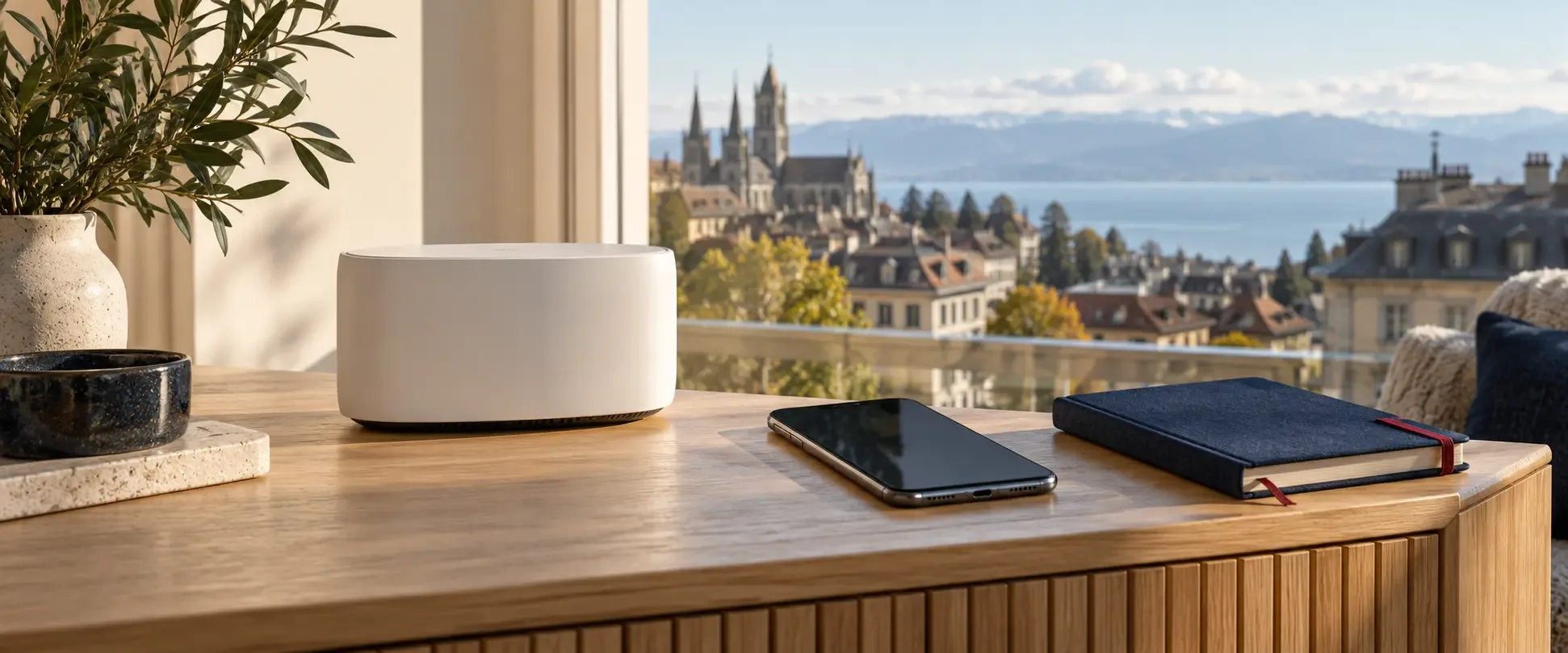 Móvil y router sobre una mesa junto a una ventana con vistas ilustrativas de Lausanne y el lago Lemán